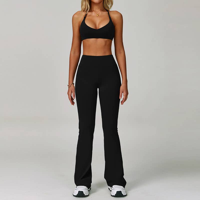 WONDERXFANS - Wholesale Activewear Set - Women's - cross back Sports Bra + Flared Leg pants 2-Piece set0