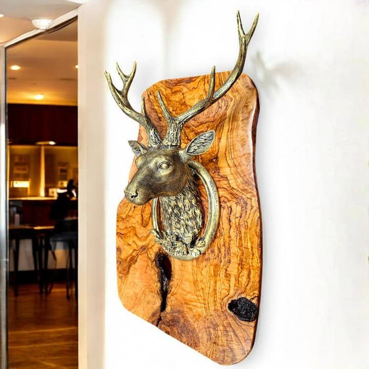 Rustic Wall Mounted Metal Stag Head with Rustic Olive Wood for wholesale by Oliveart
