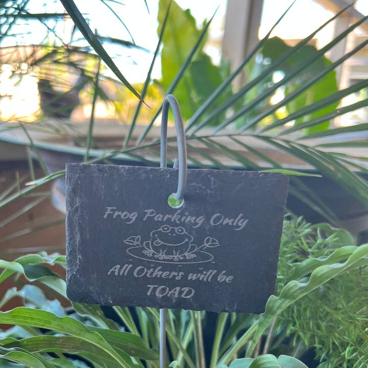 Frog Parking Slate Plant Marker for wholesale by The Savvy Spade