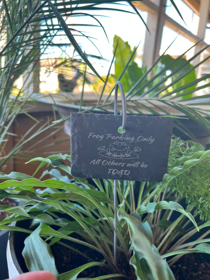 Frog Parking Slate Plant Marker for wholesale by The Savvy Spade