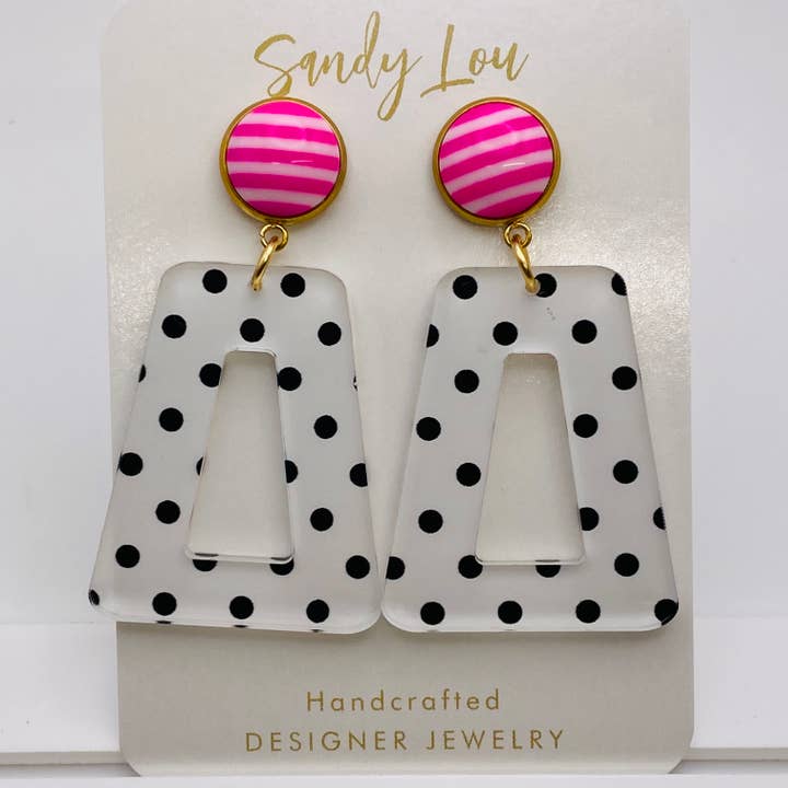 Sandy Lou Designs - Wholesale Dangle Earrings - Fun Polka Dots With Pink and White Stripe Button Earrings