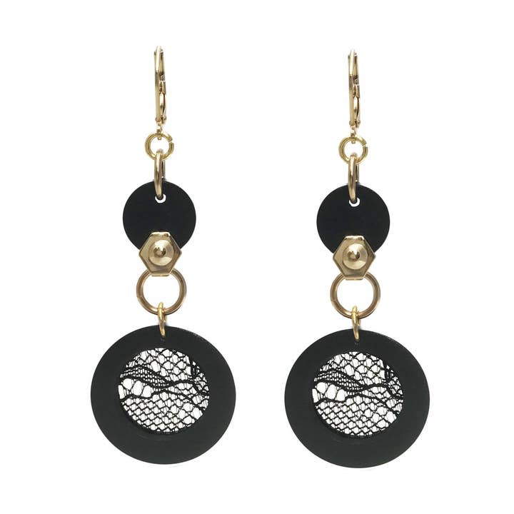 Golden earrings in black leather with lace for wholesale by SEV SEVAD
