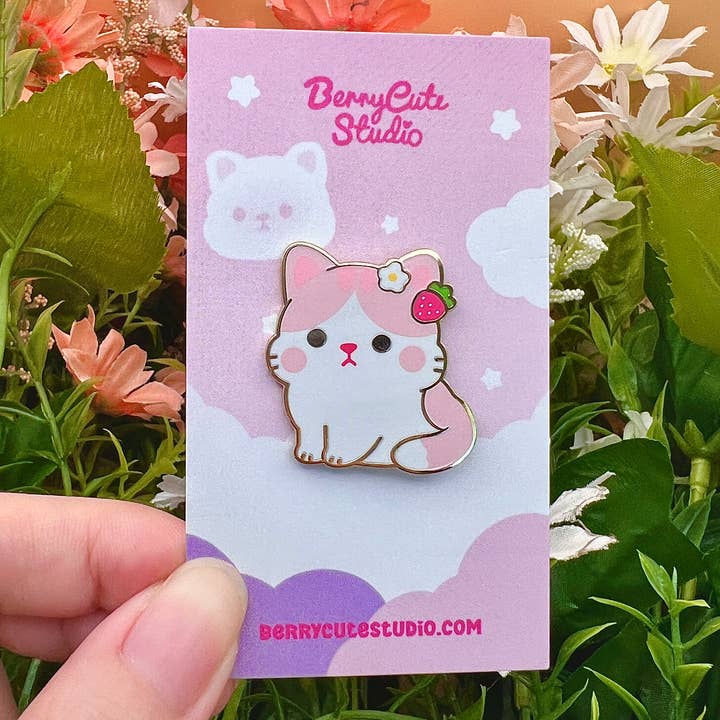 Strawberry Cat Enamel Pin for wholesale by BerryCuteStudio