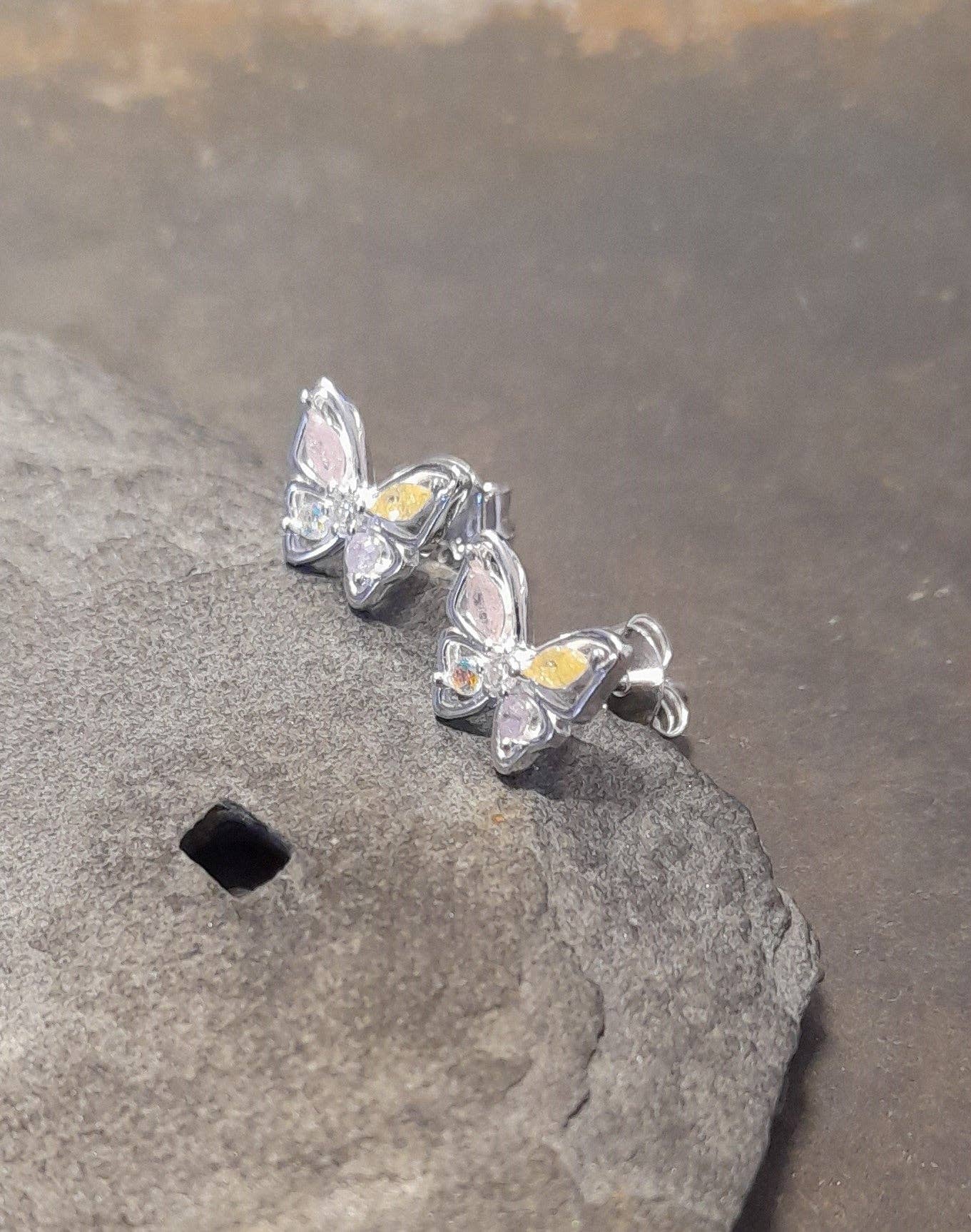 Bluelily925silver - Wholesale Stud/Post Earrings - SS647B - PINK PASTEL MULTI CZ B/FLY 9 X 7MM1