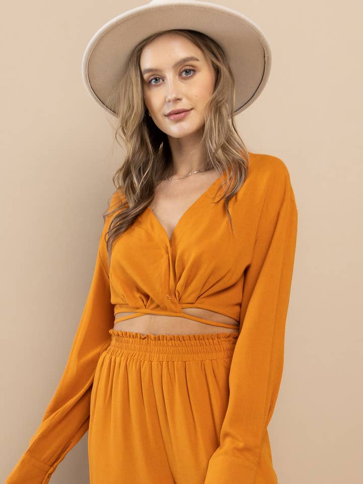 Long Sleeve Wrap Crop Top for wholesale by AIBLEE