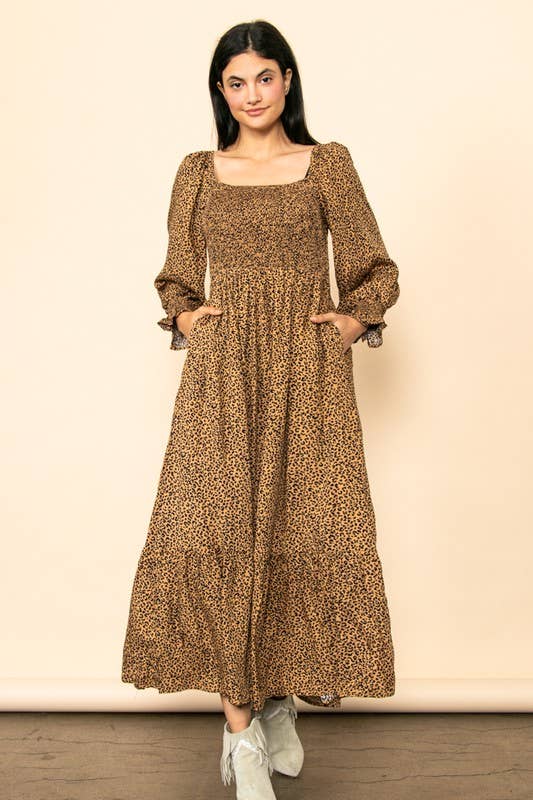 Elloh Collection - Wholesale Dress - Women's - Flowy Leopard Print Square Neck Smocked Maxi Dress w Pockets0