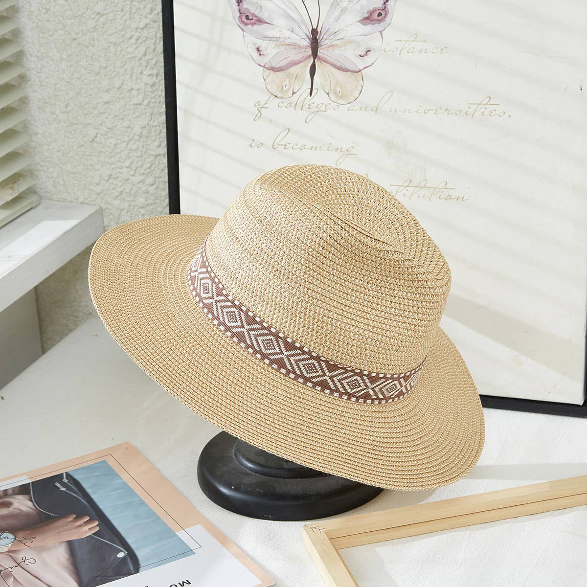 Suzie Q USA - Wholesale Straw Hat - Women's - Two Tones Straw Hat with Aztec Pattern Trim0