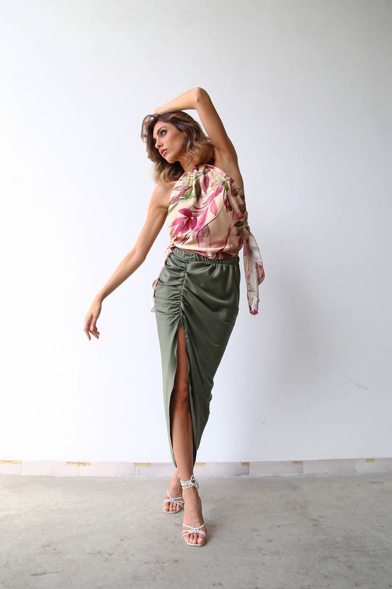 F1060 GREEN SATIN LONG CURLED SKIRT for wholesale on Faire0