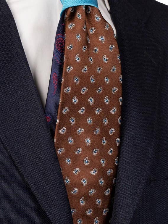 Braune Krawatte Paisley Türkis Weiß Kontrastknoten Türkis N2447 für den Großhandel von Graffeo Cravatte