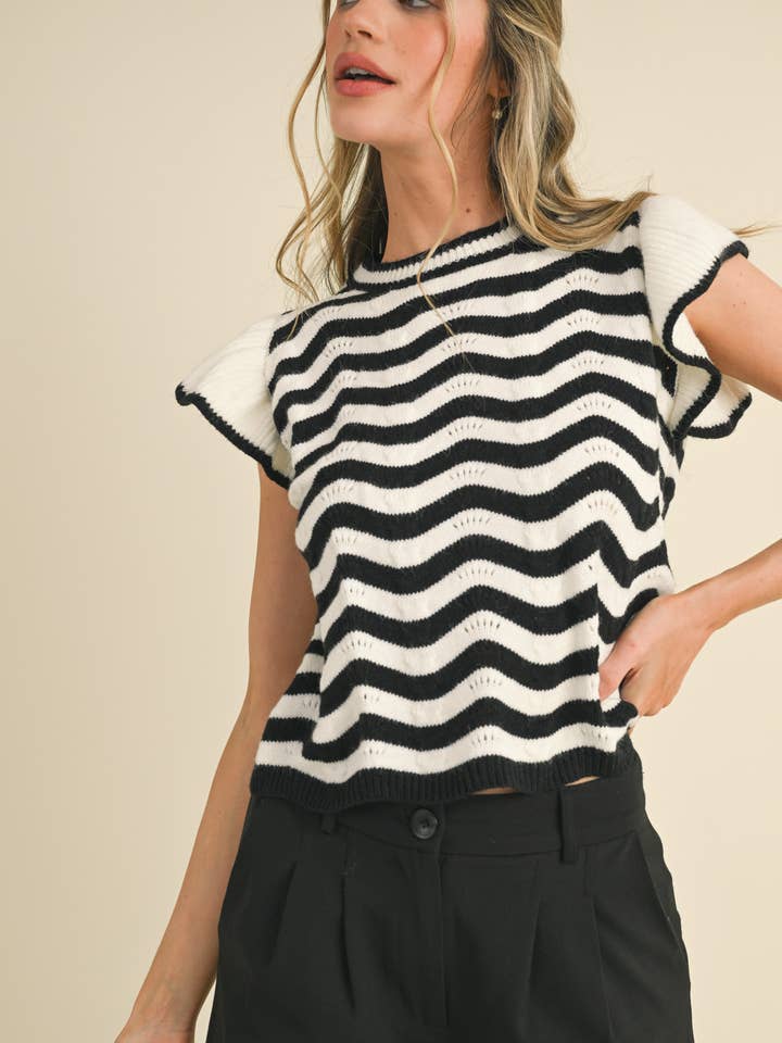 &MERCI - Wholesale Knit Sweater - Women's - WAVY STRIPES FLUTTER SLEEVE SWEATER TOP MSW10509