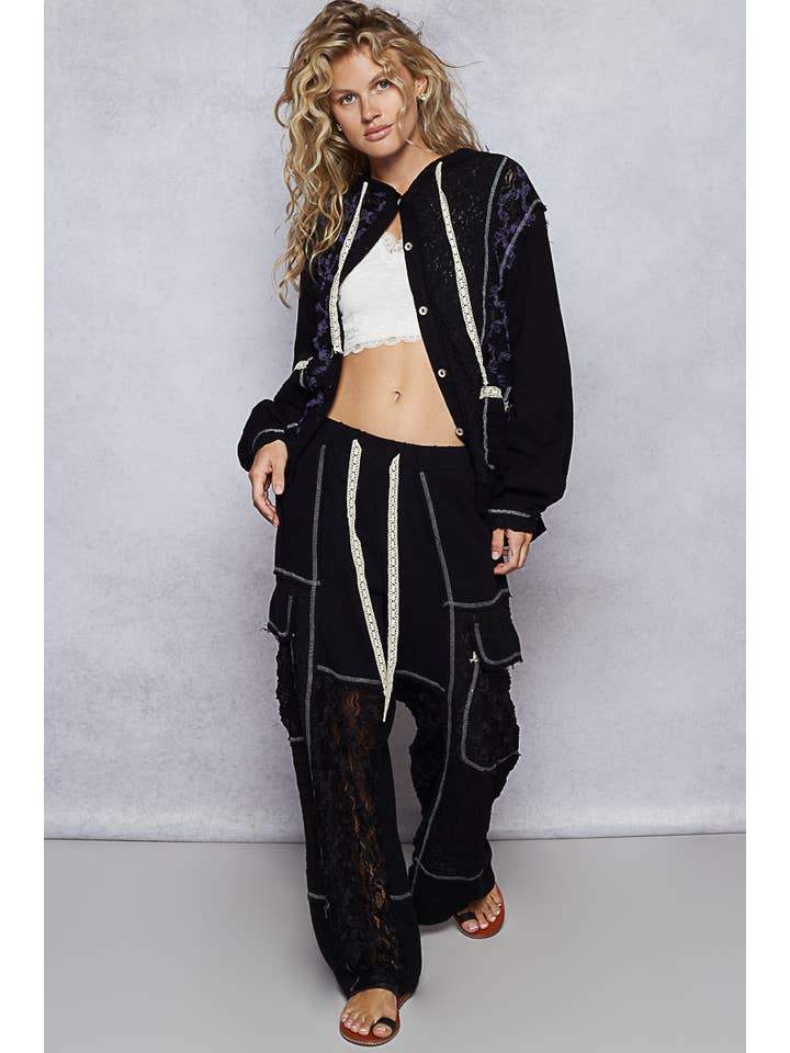 Pol Clothing - Wholesale Pants - Women's - Solid lace patch side pocket wide pants13