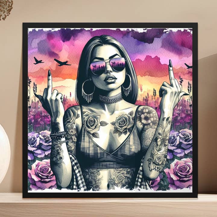 Poster de Mulher Tatuada Vibrante, Impressão em Tela Pôr do Sol Rosa, Arte Moderna de Parede, Decoração de Casa Única, Ilustração de Moda, Estilo Graffiti por atacado de FreakyTeeFactory
