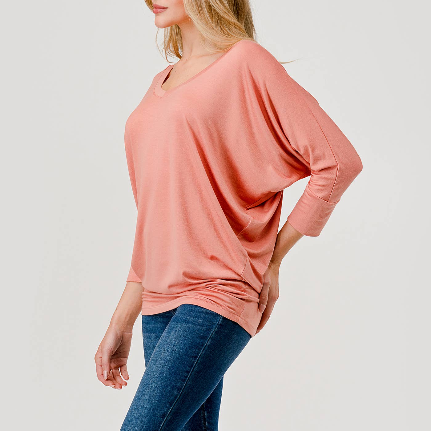 Heimious - Wholesale Knit Top - Women's - 3/4 Dolman Sleeve V-neck Modal Jersey Top, 257392