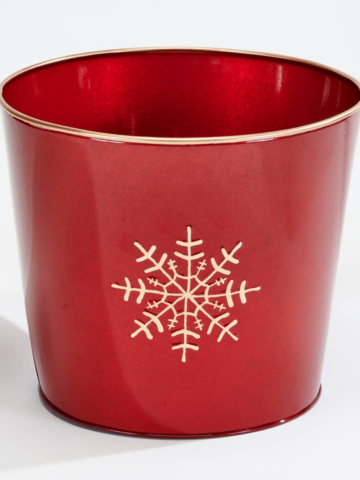 Red Galvanized Planter with Snowflake Design 10.5" Height for wholesale by WORTH IMPORTS