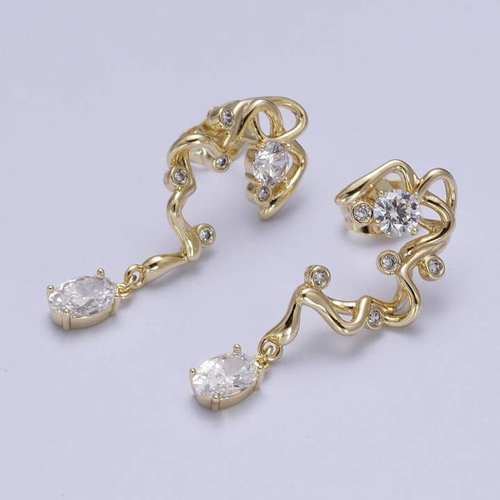 14K Gold Geometric Abstract Round Oval Cubic Zirconia Drop Stud Earrings | Y062 for wholesale by Aim Eternal