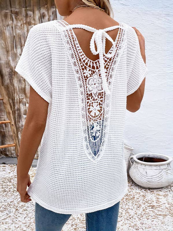 Waffle V-Neck Cut-Out Lace Tie-Up T-Shirt for wholesale by HIDDENBRAND