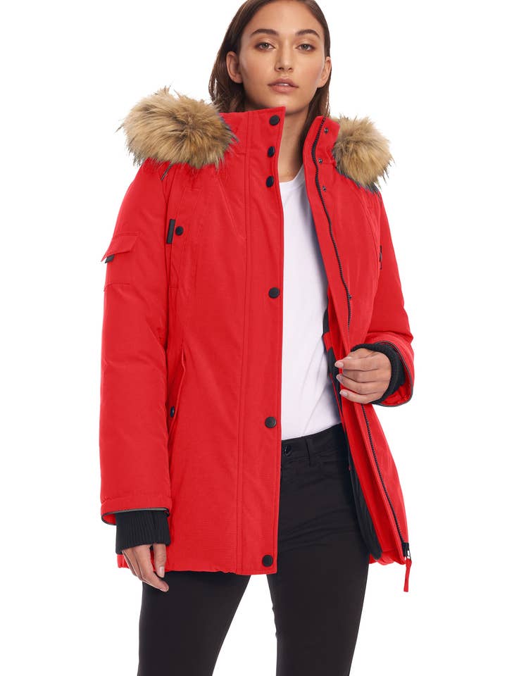 GLACIER | PARKA FEMME EN DUVET VÉGÉTALIEN (RECYCLÉ), CRIMSON pour la vente par Alpine North US
