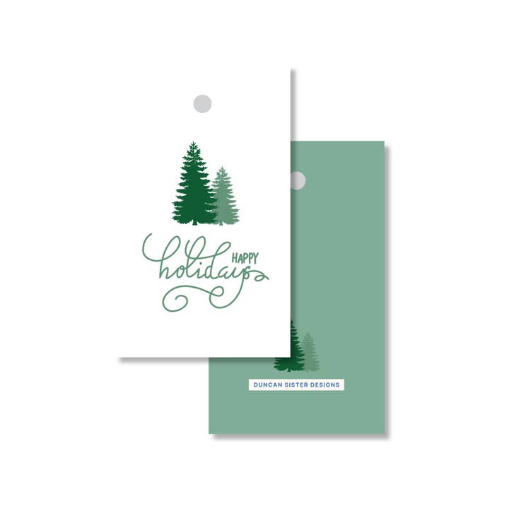 Grüner Baum Frohe Feiertage Geschenkanhänger – Set mit 8 Stück, Hergestellt in den USA für den Großhandel von Duncan Sister Designs