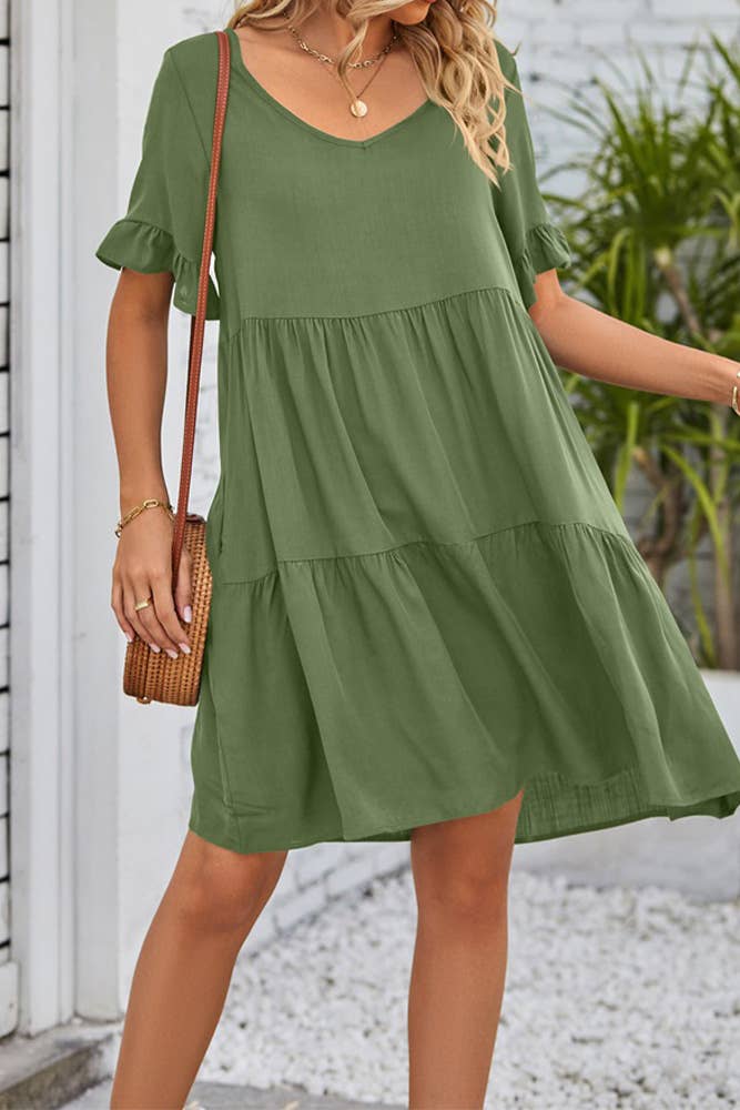 UNISHE - Vendita all'ingrosso Vestito - Donna - Abito A Balze Con Volant Con Scollo A V Semplice E Tasche MD03814