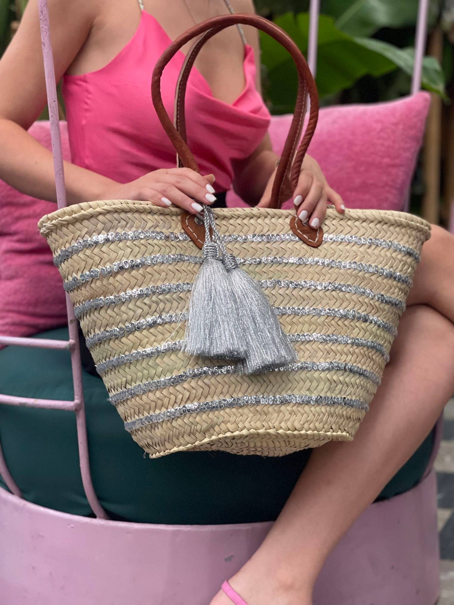 martitec - Vente Sac de plage - Sac à panier à paillettes | Sac à panier marocain tissé à la main argenté 5