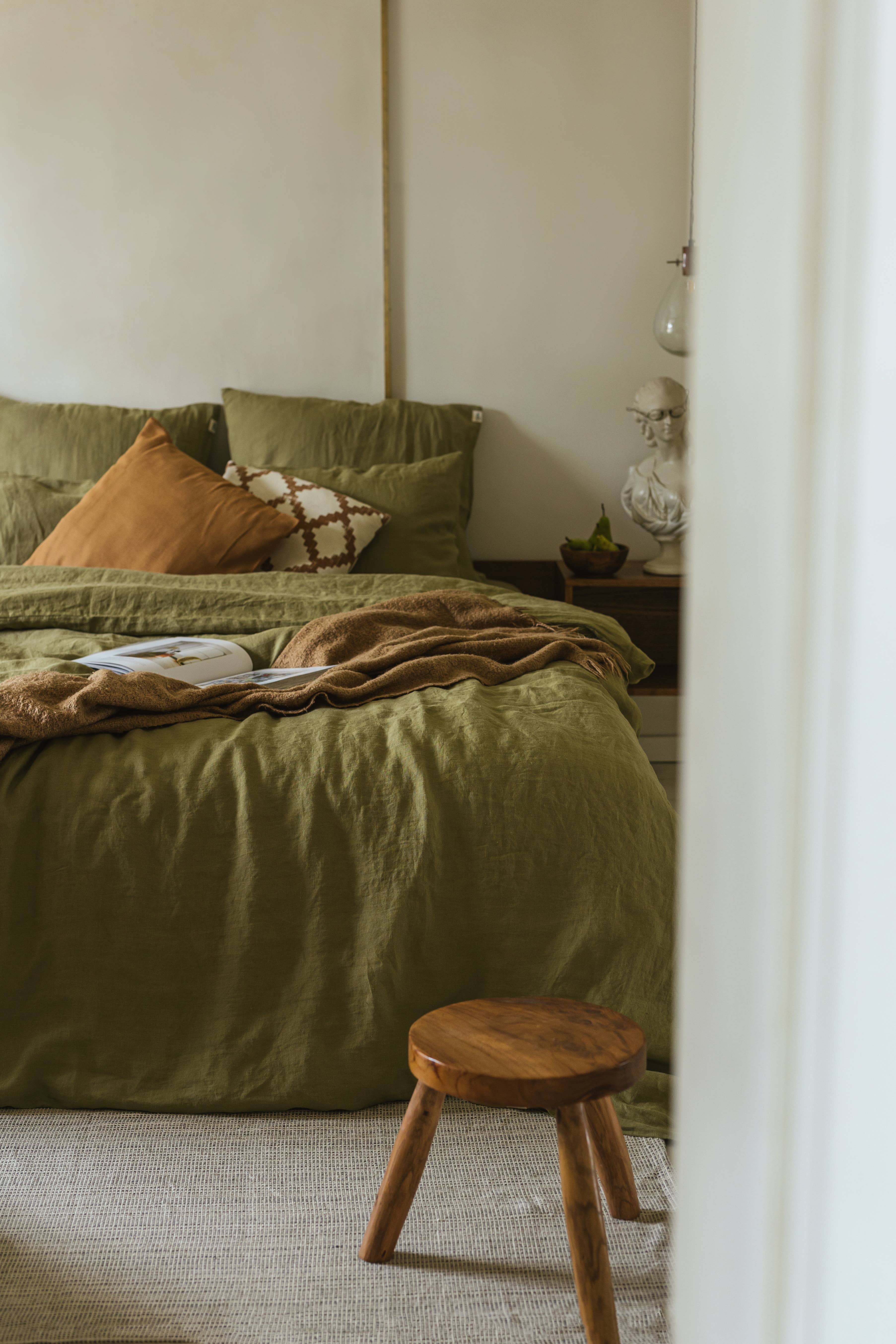 Linen Spells - Wholesale Bedding Set - Linen Bedding Set In Olive Green (1 DC+2 Pillowcases)1