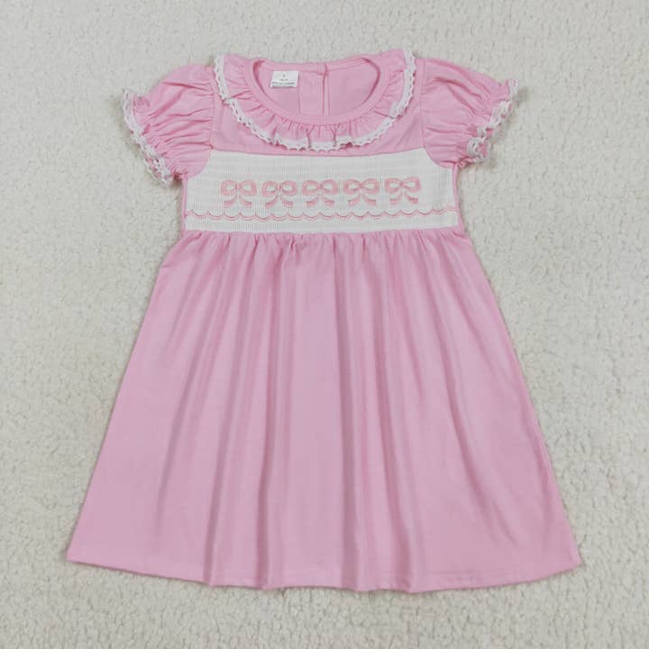 Smocked Embroidery Baby Girls Ruffle Sleeves Bows Knee Length Dresses for wholesale by Aier Wholesale