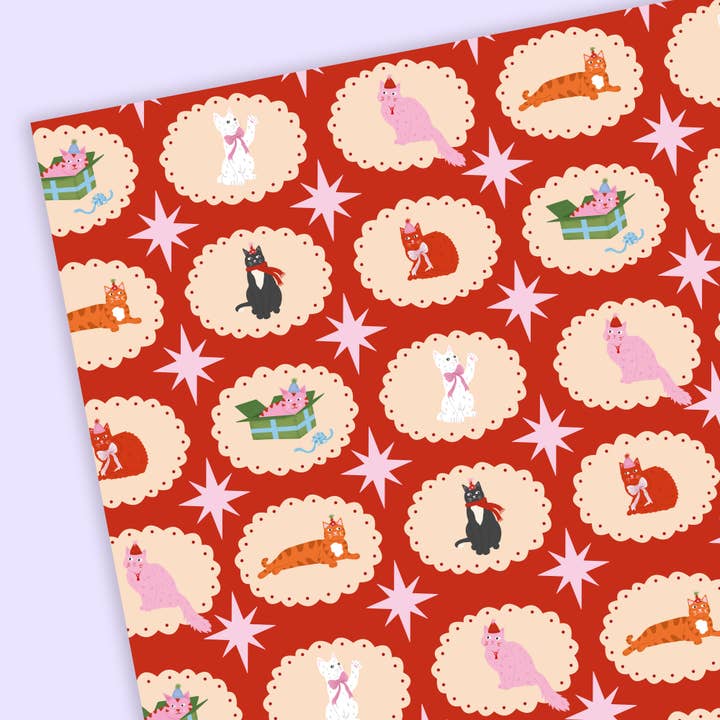 Tikkled Pink - Wholesale Flat Wrap - Christmas Cats Wrapping Paper Sheets | Holiday Cat Gift Wrap