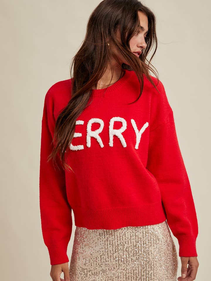 'MERRY' FLUFFY PATCH SWEATER / WL25-11921 and other Purchase Wholesale red sweater. Free Returns & Net 60 Terms on Faire trending on Faire.