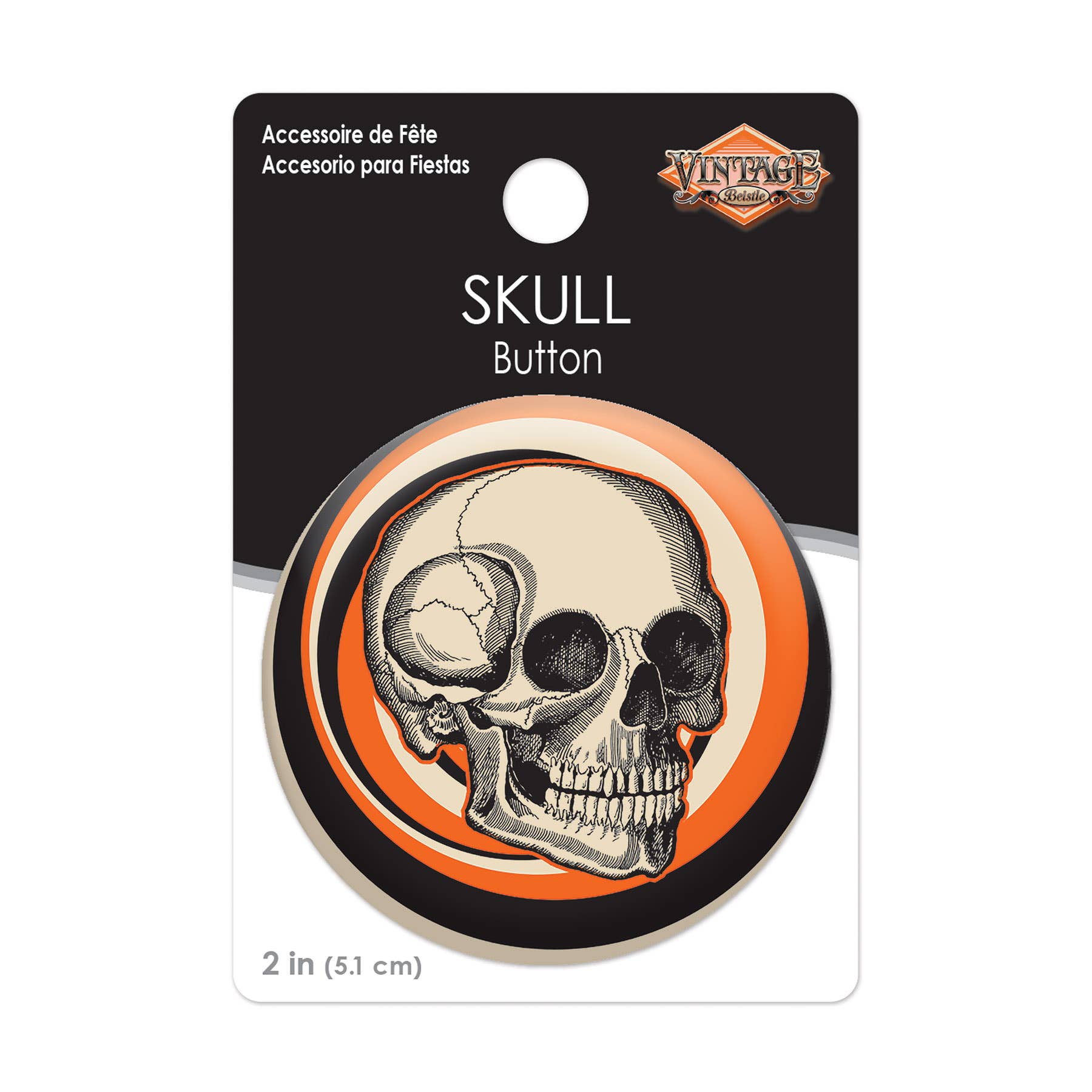 Beistle - Vente Épinglettes/boutons - Bouton en forme de tête de mort vintage de 2 pouces pour Halloween - BT1672