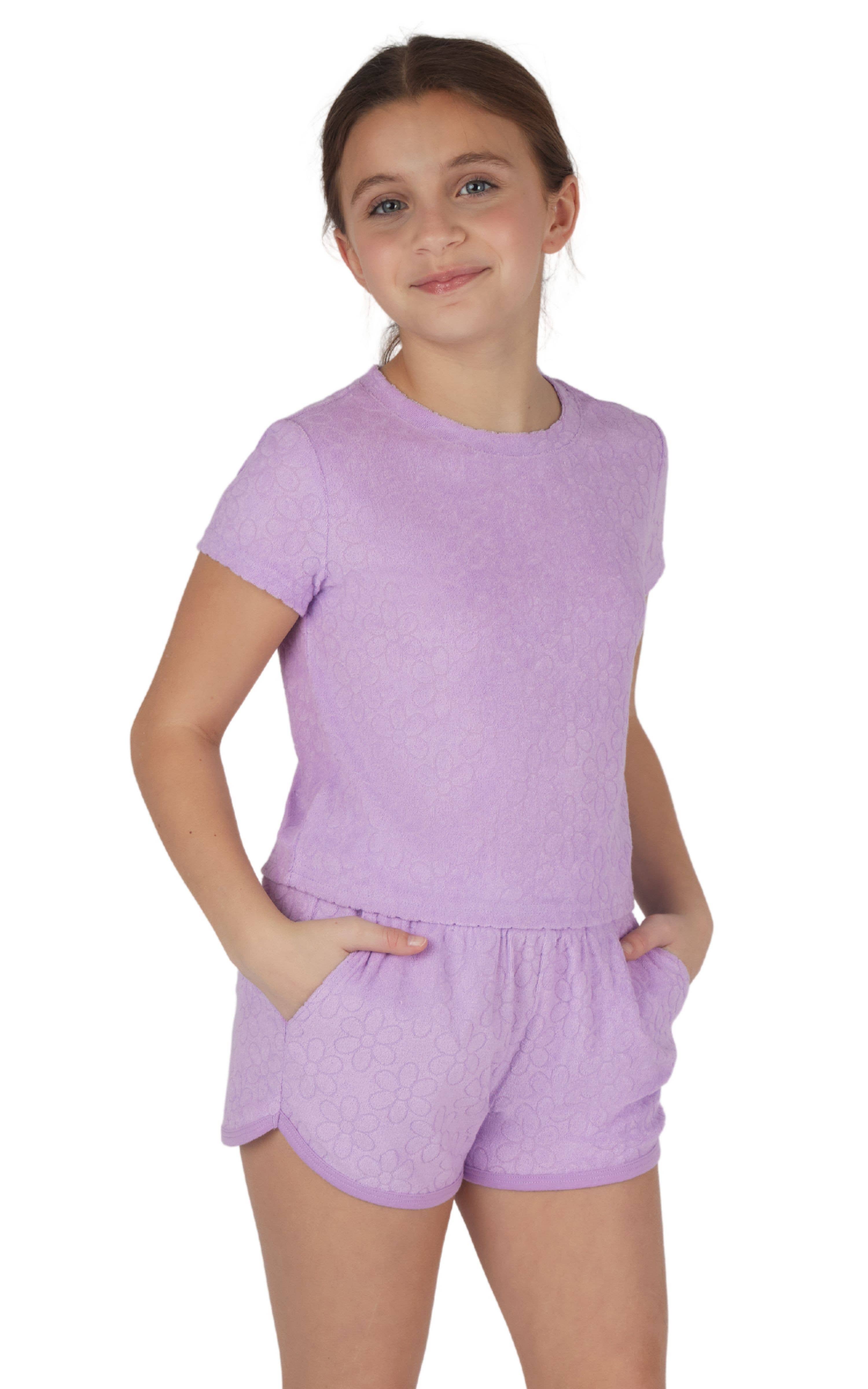 90 Degree by Reflex & Yogalicious - Wholesale Top & Short Set - Kids - Girls Towel Terry Short Sleeve Top and Short - 2 PC Set1