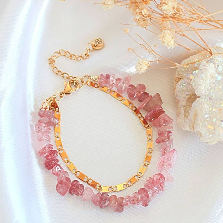 Divine Dulcet - Wholesale Beaded bracelet - Strawberry Quartz & 24 Karats Double-Layered Bracelet