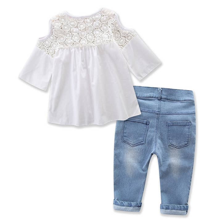 Fennco Styles - Wholesale Top & Pant Set - Kids - Lace Off Shoulder 3/4 Sleeve Blouse & Jeans 2pcs Girl Outfit