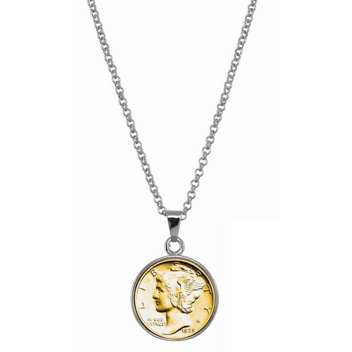 American Coin Treasures - Wholesale Pendant/Charm Necklace - Gold-Layered Silver Mercury Dime Silvertone Coin Pendant
