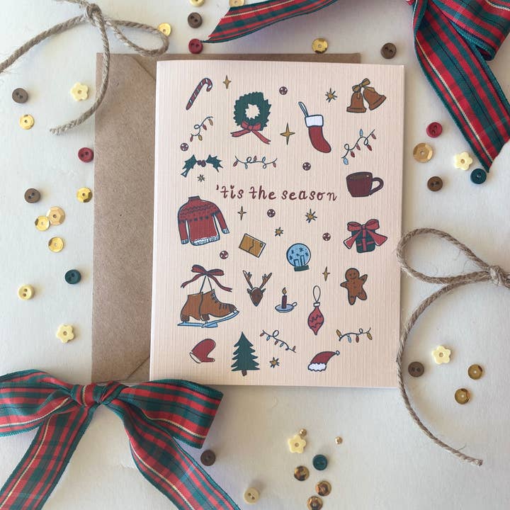 Charmed Life Designs - Wholesale Season's Greetings Card - Tis The Season Cozy Doodles Christmas Holiday Greeting Card