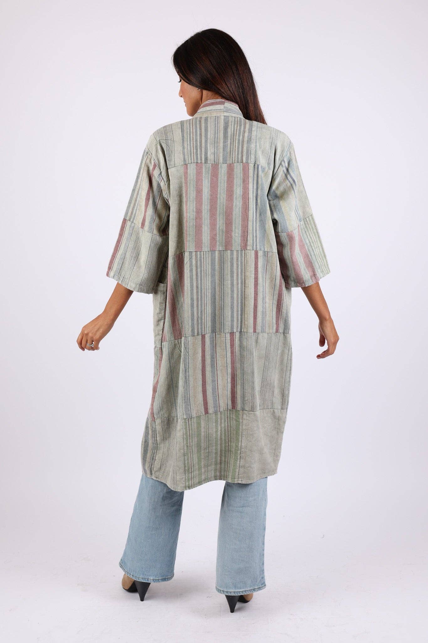 Sacred Threads – wholesale Kimono – Women's – Patchwork Long Kimono: Sage Green Stripes XXL1