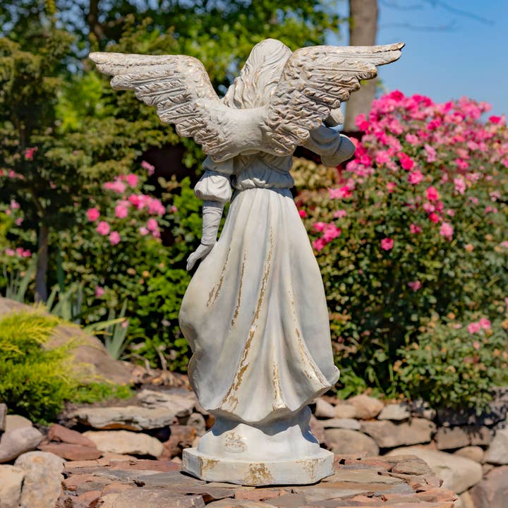 Zaer Ltd. International - Wholesale Outdoor Ornament/Decor - 46" Tall Angel Statue w/ Billowing Dress and Bird "Maria"