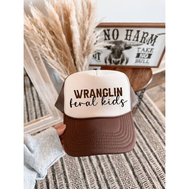 Southern Attitude Designs Inc - Wholesale Trucker Hat - Women's - Wranglin Feral Kids Brown/Tan Trucker Hat/Brown & Black Ink