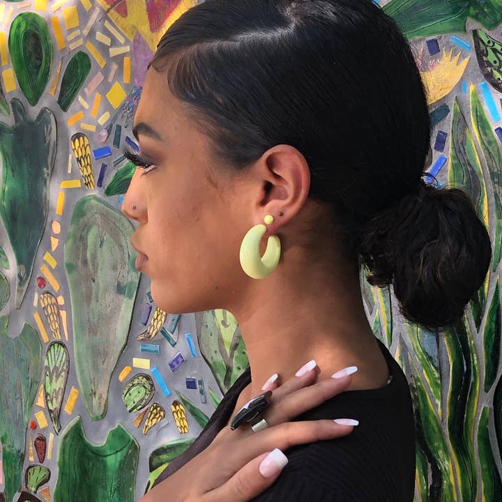 Neon Yellow Lucille Ball Hoops for wholesale by Leetie Lovendale