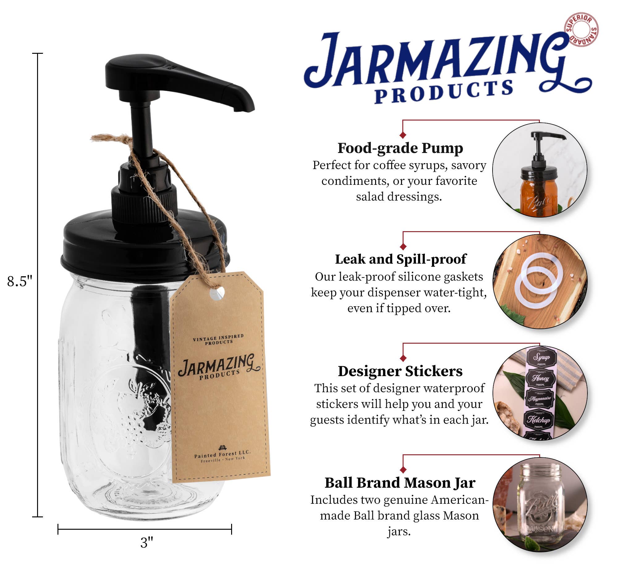 Jarmazing Products - Wholesale Food Storage Container - Ball Jar Syrup Dispenser - 2 Pack - 16 oz - Food Grade Pump1