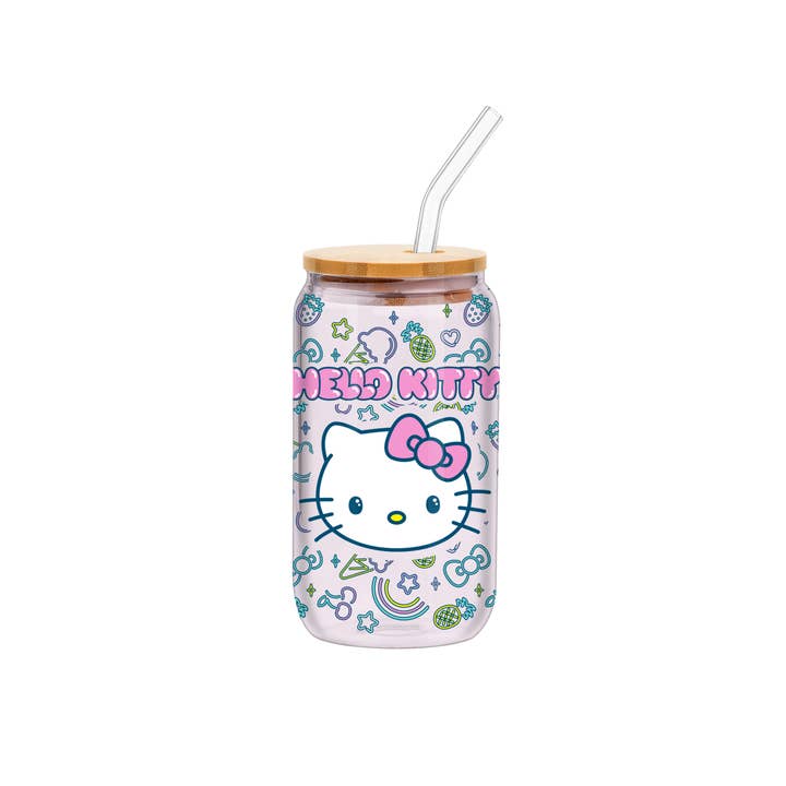Silver Buffalo - Wholesale Drinking Glass/Cup - Hello Kitty Neon Fruit 16oz Glass Tumbler w/ Bamboo Lid