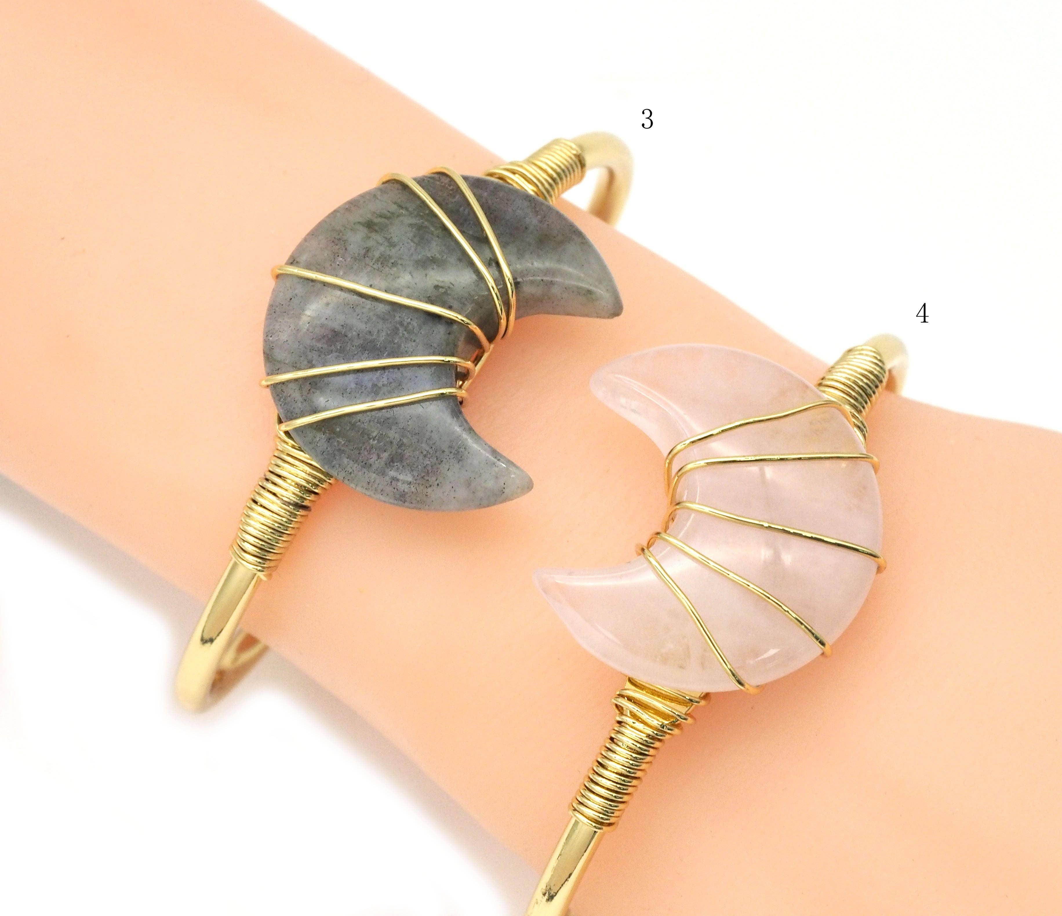 BestBeads&Beyond - Wholesale Cuff Bracelet - Gemstone Moon Shape Wire Trapped Cuff bracelet, sku#LY257