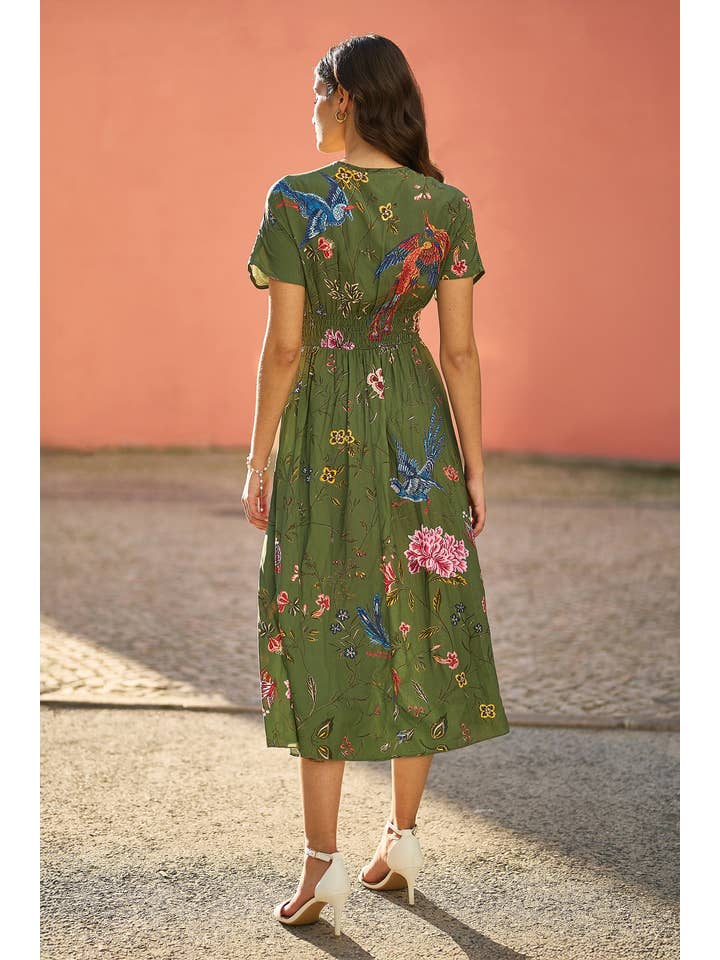 Yumi Green Bird and Floral Print Ruched Waist Kimono Midi Dress for wholesale on Faire
