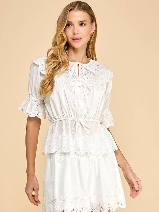 CT9122-Eyelet Lace Detail Cinched Elastic Waist Top for wholesale by TCEC