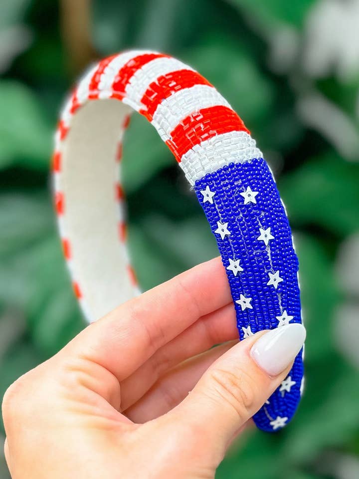 Stars & Stripes All Over Seed Bead Headband for wholesale by Prep Obsessed Wholesale