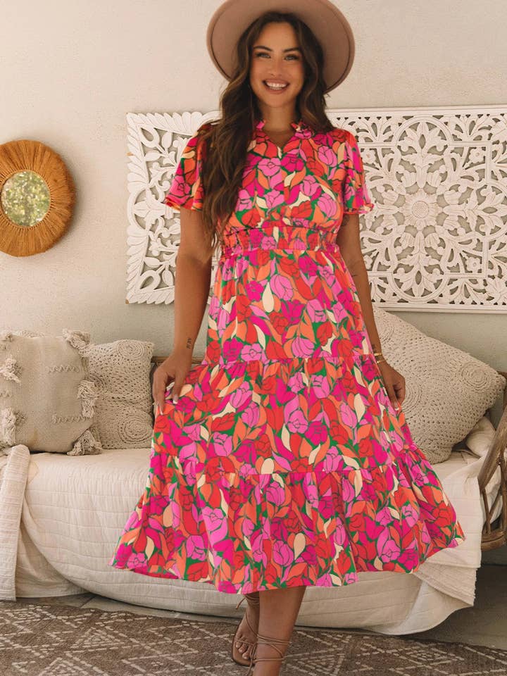 Rose Floral Short Sleeve Smocked Waist Maxi dress for wholesale by Lovesoft