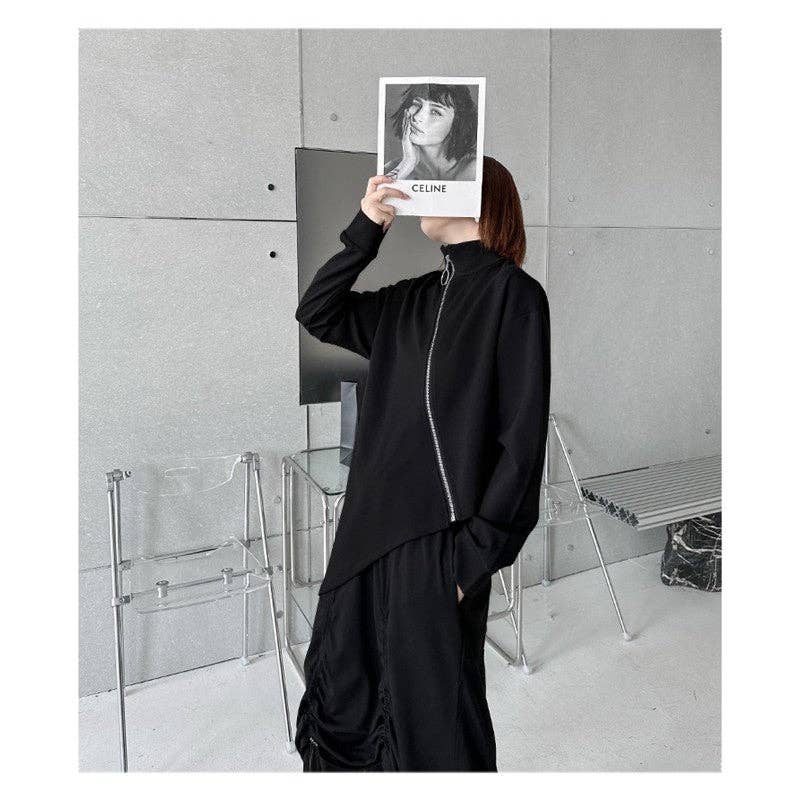 SCHWARZ Unifarbener High-Neck-Reißverschluss Unregelmäßiges T-Shirt-Top für den Großhandel auf Faire4