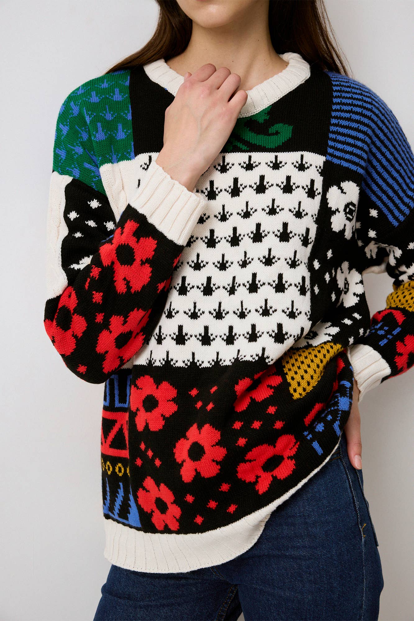 Colorblock Patchwork Patterned Knit Sweater for wholesale on Faire2