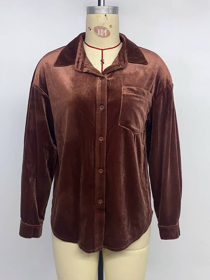 Coffee Retro Velvet Pocket Lapel Shirt for wholesale on Faire