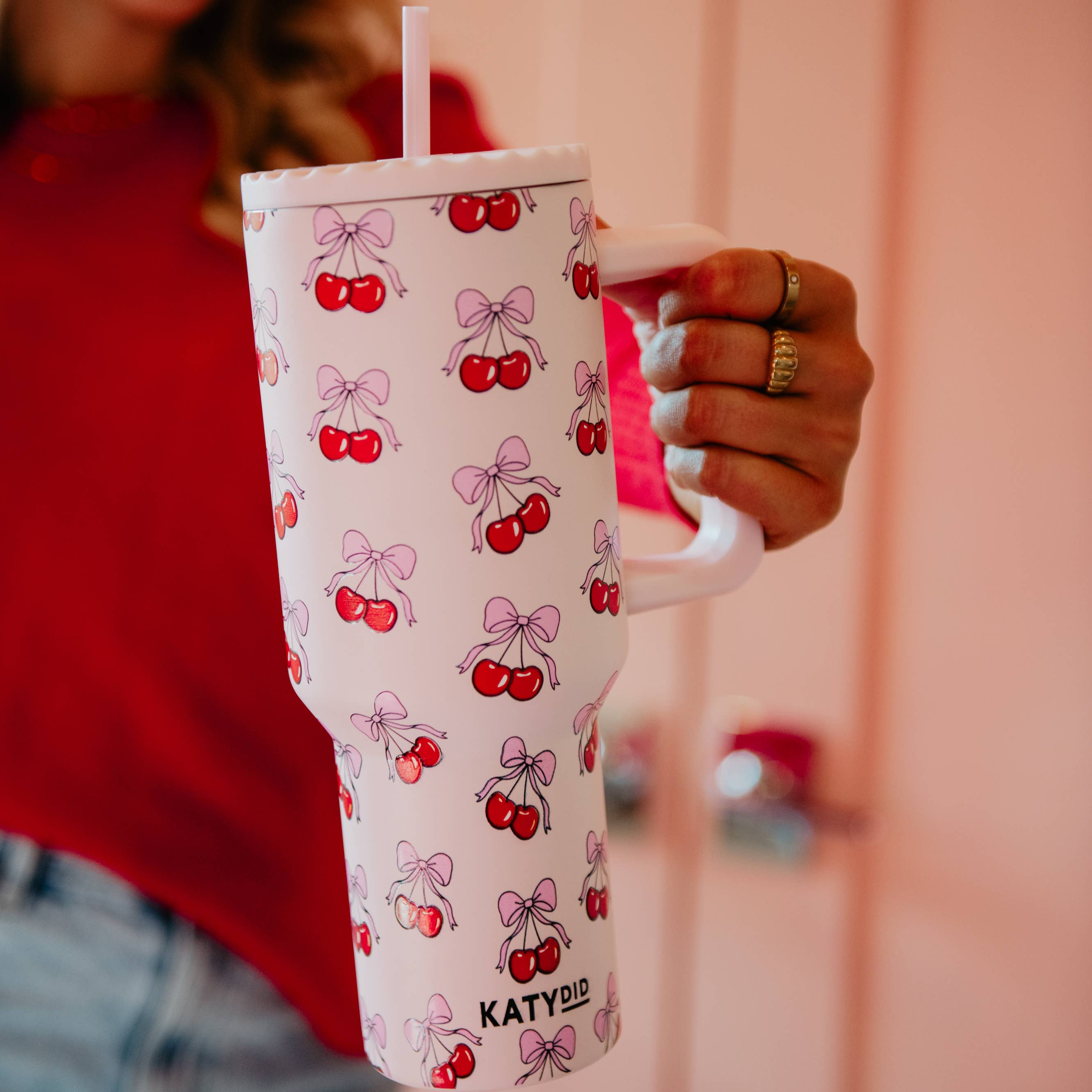Light Pink Cherry Bow Wholesale 38 Oz Valentine's Tumbler Cup for wholesale on Faire