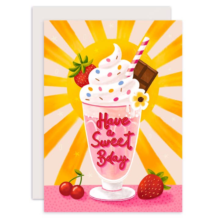 Aniet Illustration - Wholesale Birthday Card - Pink birthday milkshake card with sun sweet birthday